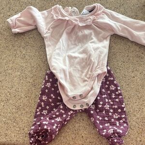 French Connection Pink Ruffle-Neck One-Piece with Purple Floral Pants